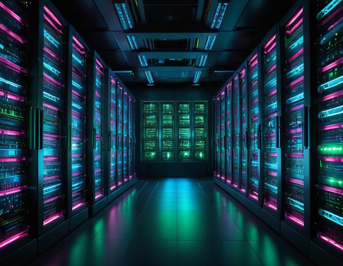 A high-tech futuristic server room with glowing data streams, shielded by a large padlock and surrounded by digital shield icons. Hacking attempt visuals like red warning triangles are deflected by these shields. Super-realistic. Vibrant neon colors. Dark background.