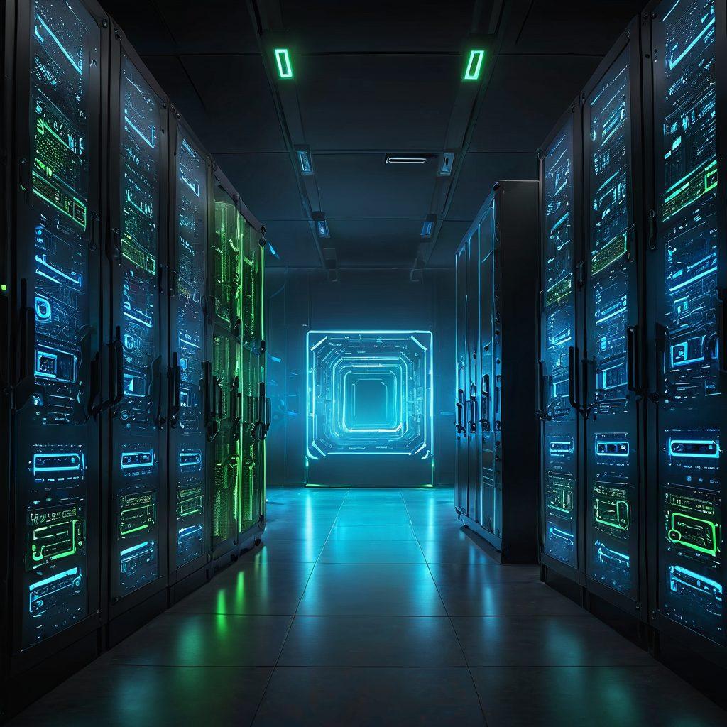 An authoritative fortress with glowing digital shields surrounding it, symbolizing robust security protocols. Inside, a gleaming server room with locks and chains on each server unit, ensuring data protection. Vibrant electric blue and green hues convey the digital environment. super-realistic. vibrant colors.